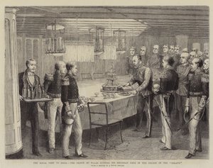 Královská návštěva Indie, princ z Walesu krájí svůj narozeninový dort v Saloon of the Serapis